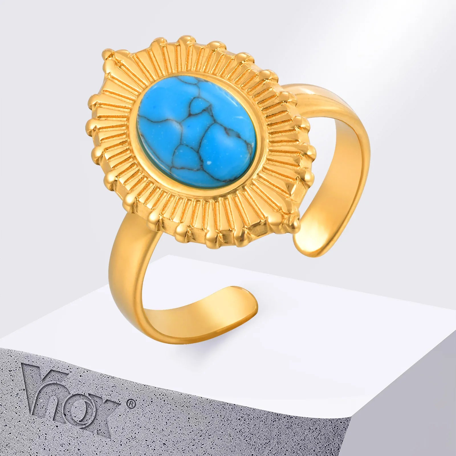 Vnox Blue Turquoise Stone Opening Ring,Stainless Steel Sun Oval Accessories Rings For Women,Finger Female Jewelry Bague Gift