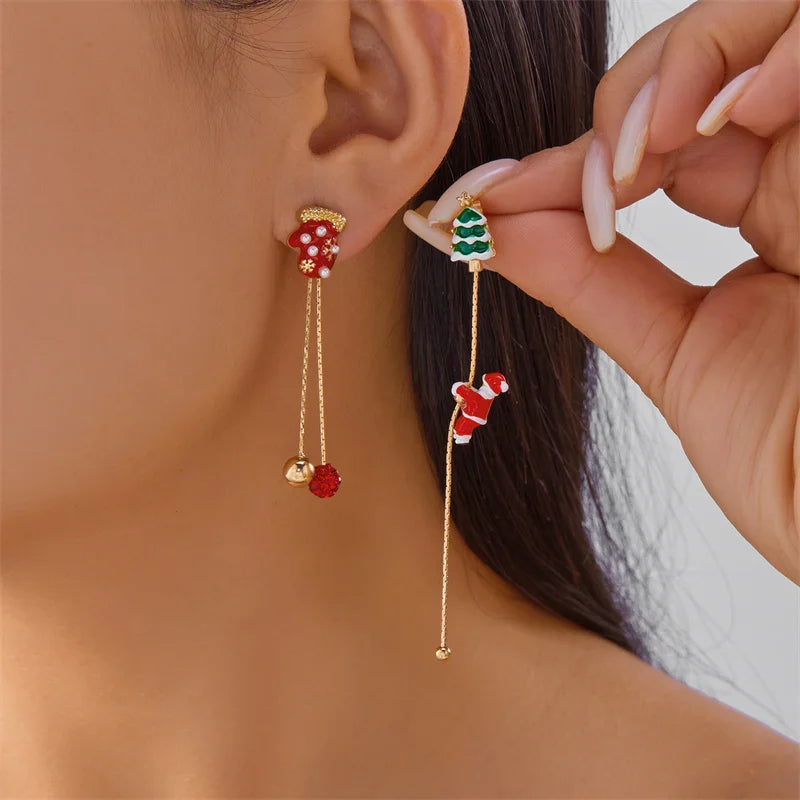 Creative Asymmetric Christmas Tree Snowman Snowflake Drop Earring for Women Moving Santa Claus Long Tassel Earring Party Jewelry