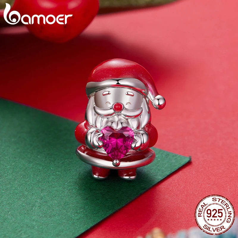 Bamoer 925 Sterling Silver Christmas Charm for Bracelet Santa Claus Snowman Reindeer Apple Pendant Beads Gift for Women Friends