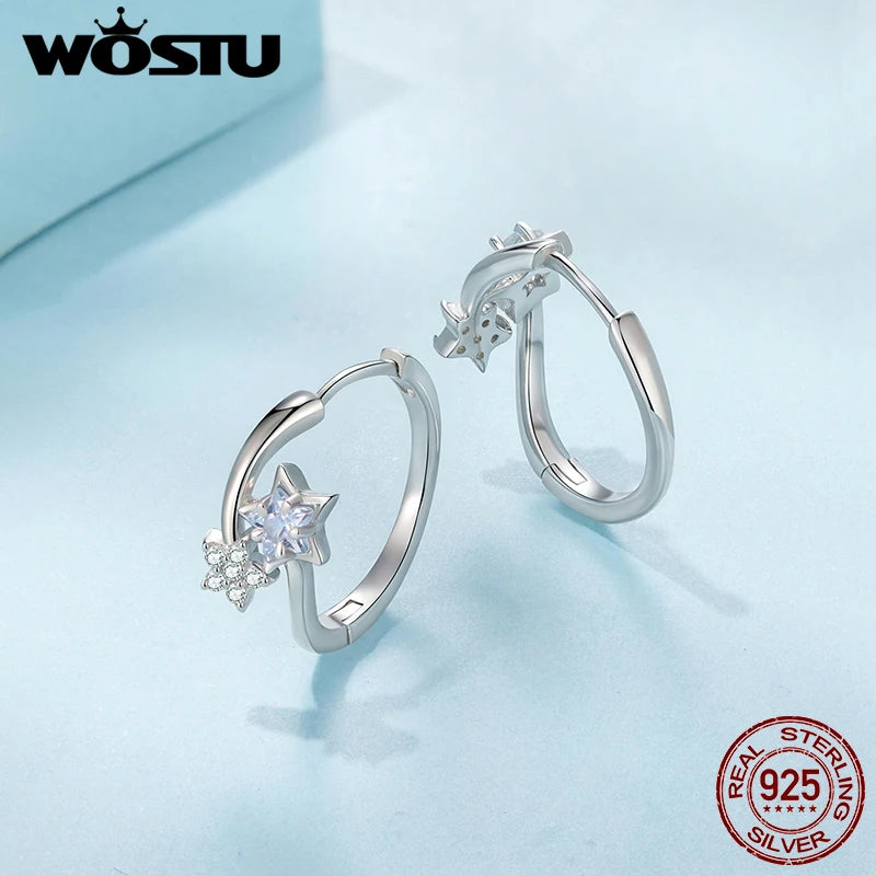 WOSTU 925 Sterling Silver Double Star Shiny Zircon Hoop Earrings For Women , Valentine Jewelry Gift Daily Praty Wear Jewelry Gif