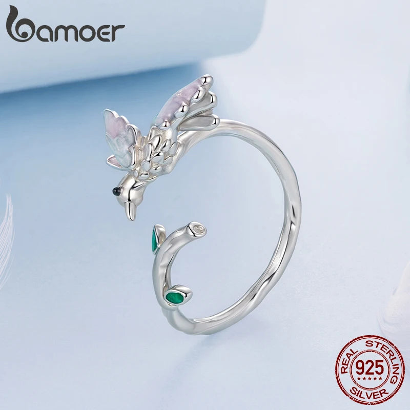 Bamoer 925 Sterling Silber Eisvogel Emaille Offener Ring Verstellbarer 3D Vogelform Ring für Damen Mädchen Lebhafte Geburtstagswünsche Geschenk