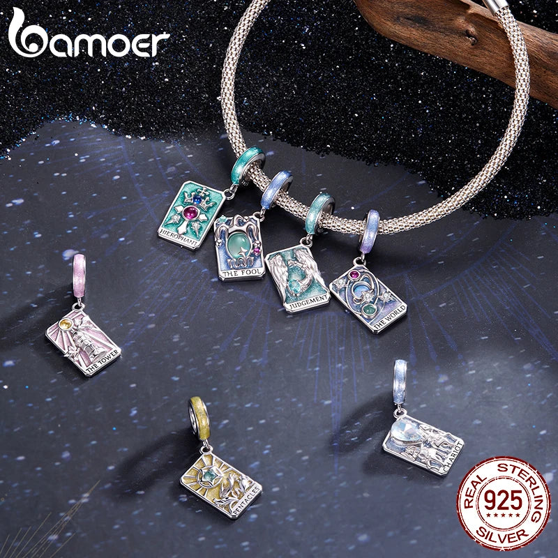 Bamoer 925 Sterling Silver Magical Tarot Card Pendant Purple Rectangle Beads for Women Teens  Bracelet & Bangle DIY Special Gift