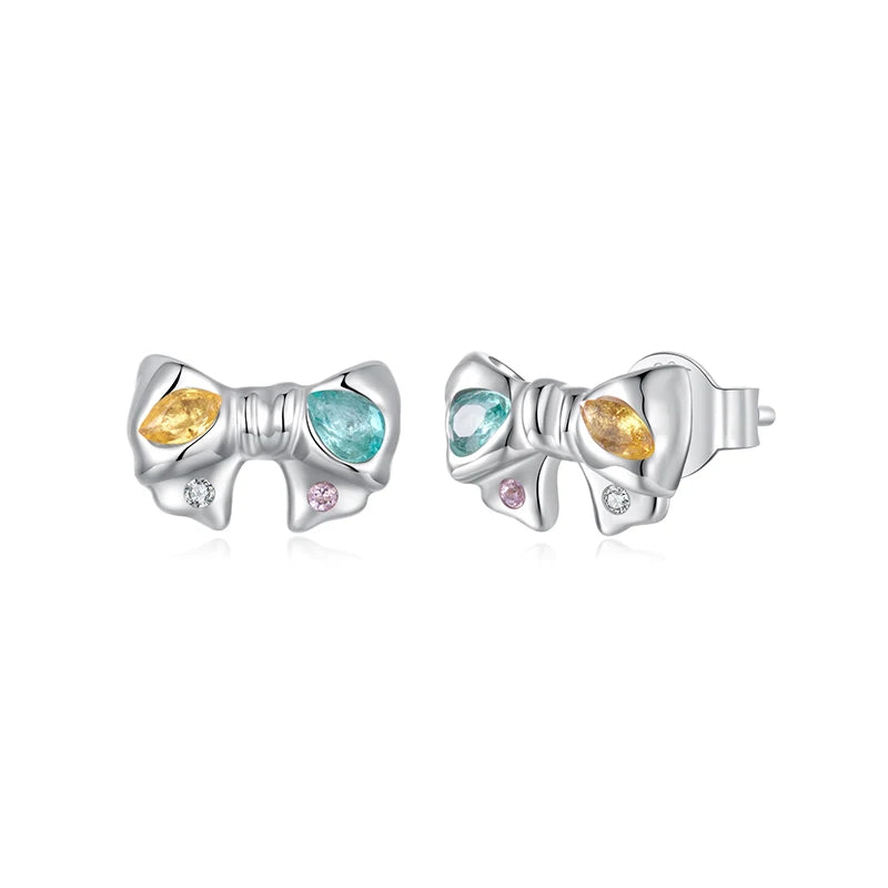 WOSTU Real 925 Sterling Silver Candy Colorful CZ Bow Stud Earrings For Women Sweet Ear Studs Birthday Gift For Girl
