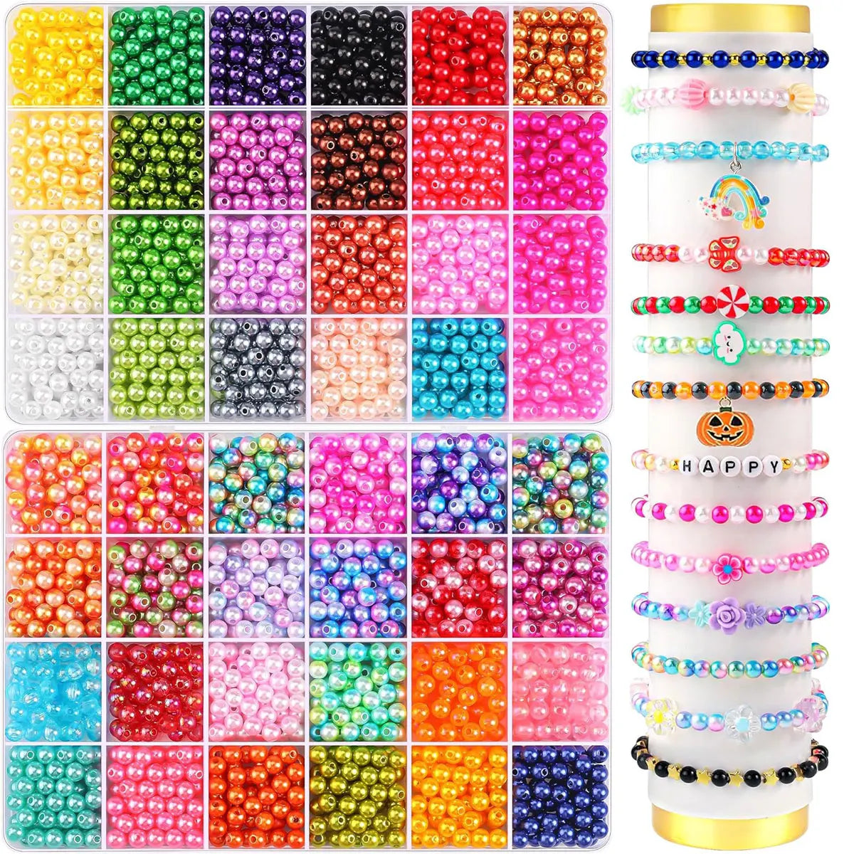 2400PCS 48 Compartments Pearl Jewelry 48 Colors 6 mm Pearl Bracelet Making Kit, 2 Boxes of Round Beads for Beginners