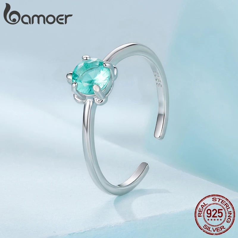 Bamoer 925 Sterling Silver Blue Turtle Open Ring Adjusable Transparent Glass Animal Ring for Women Teens Cute Xmas Wishes Gift