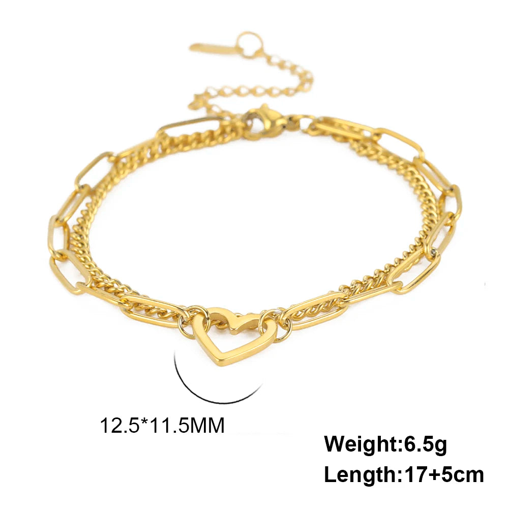 Heart Pendant Bracelet Paper Clip Chain Bracelet Stainless Steel Double Chain Bracelet for Women Couple Jewelry for Party Gift