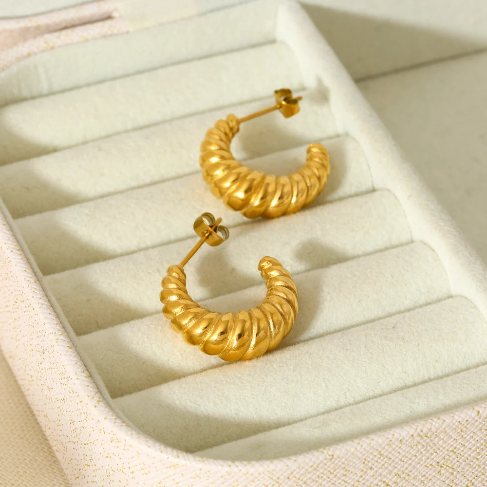 Stylish 18K Gold Plated Stainless Steel Croissant Stud Earrings for Women Waterproof  Texture Hoops Party Gift