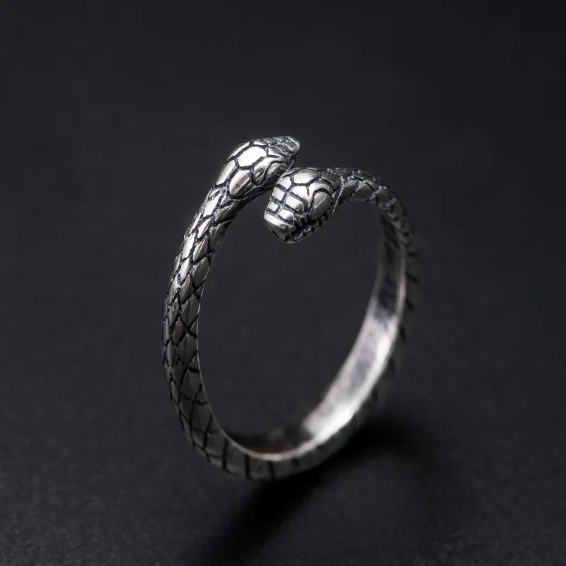 MKENDN Retro Punk Real 925 Sterling Silver Double Head Snake Ring Fashion Personality Stereoscopic Opening Adjustable Jewelry