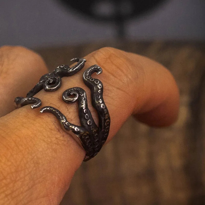 Retro Octopus Tentacle Ring Punk Gothic Open Ring For Men Silver Color Handmade Unisex Designer Jewelry Cthulhu Accessories Gift