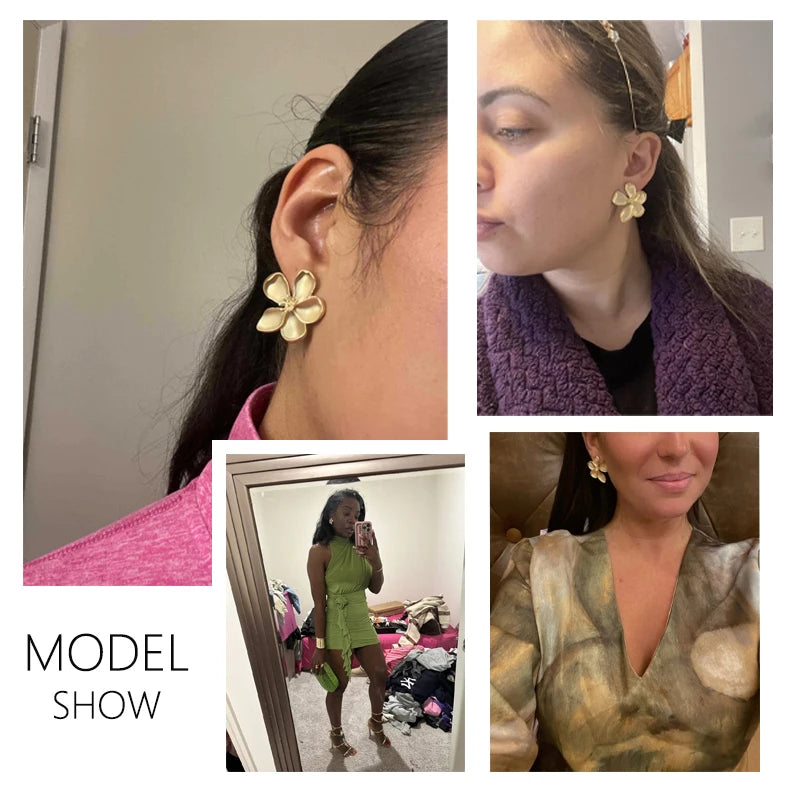 New Exaggerated European & American Style Metal Flower Stud Earrings For Women's Daily Wear Fashion Gold Color Jewelry Gifts