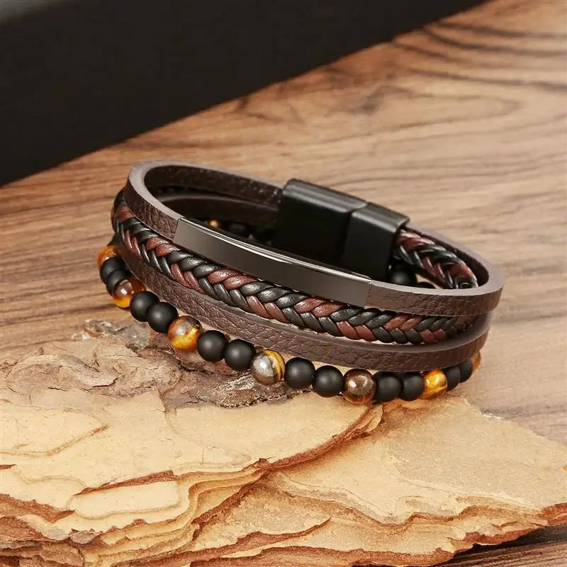 Jiayiqi New Leather Bracelet Men Classic Fashion Tiger Eye Beaded Multi Layer Leather Bracelet For Men Jewelry Gift Dropshipping