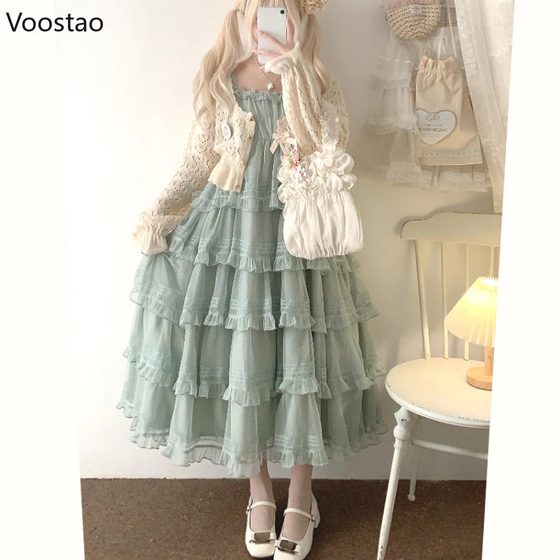 Sweet Elegant Lolita Style Midi Dress Women Kawaii Cute Ruffles Sleeveless Sand Beach Fairy Dresses Female Korean Princess Dress