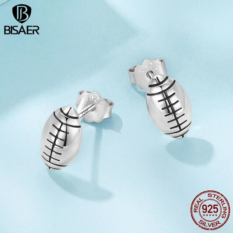 BISAER 925 Sterling Silver Ball Stud Earrings Basketball Baseball Football Volleyball Stud Ear for Women Party Fine Jewelry Gift