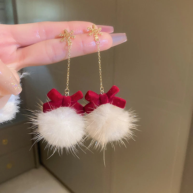 Christmas Snowflake Red Flocking Bowknot Drop Earrings for Women Xmas Cute Elk Snowman Hairball Long Earring Festival Jewelry