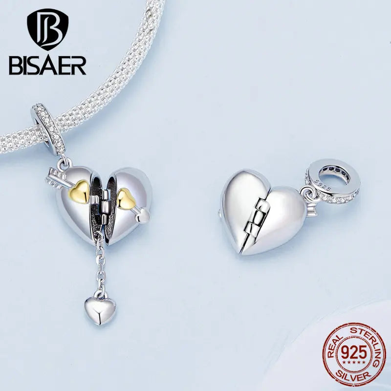 BISAER 925 Sterling Open Heart Lock Charm Perle Plaqué Platine Pendentif Fit DIY Bracelet Bijoux Saint Valentin Cadeau d'Anniversaire