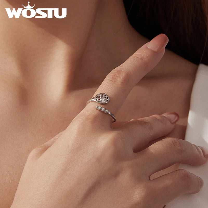 WOSTU 925 Sterling Silver Tennis Racket Open Ring, Shiny CZ Tennis Ball Ring Unique Sporty Jewelry Gift for Women Tennis Players