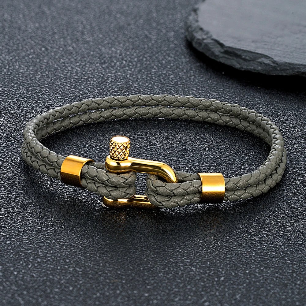 MKENDN Gold Plated Stainless Steel Shackle Bracelet Men Women Simple Double Layer Braided Blue Leather Bracelets Handmade Gifts