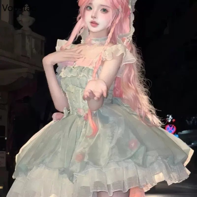 Japanese Sweet Lolita Jsk Dress Women Kawaii Cute Flower Ruffles Bow Trailing Princess Dresses Girl Elegant Y2k Fairy Mini Dress