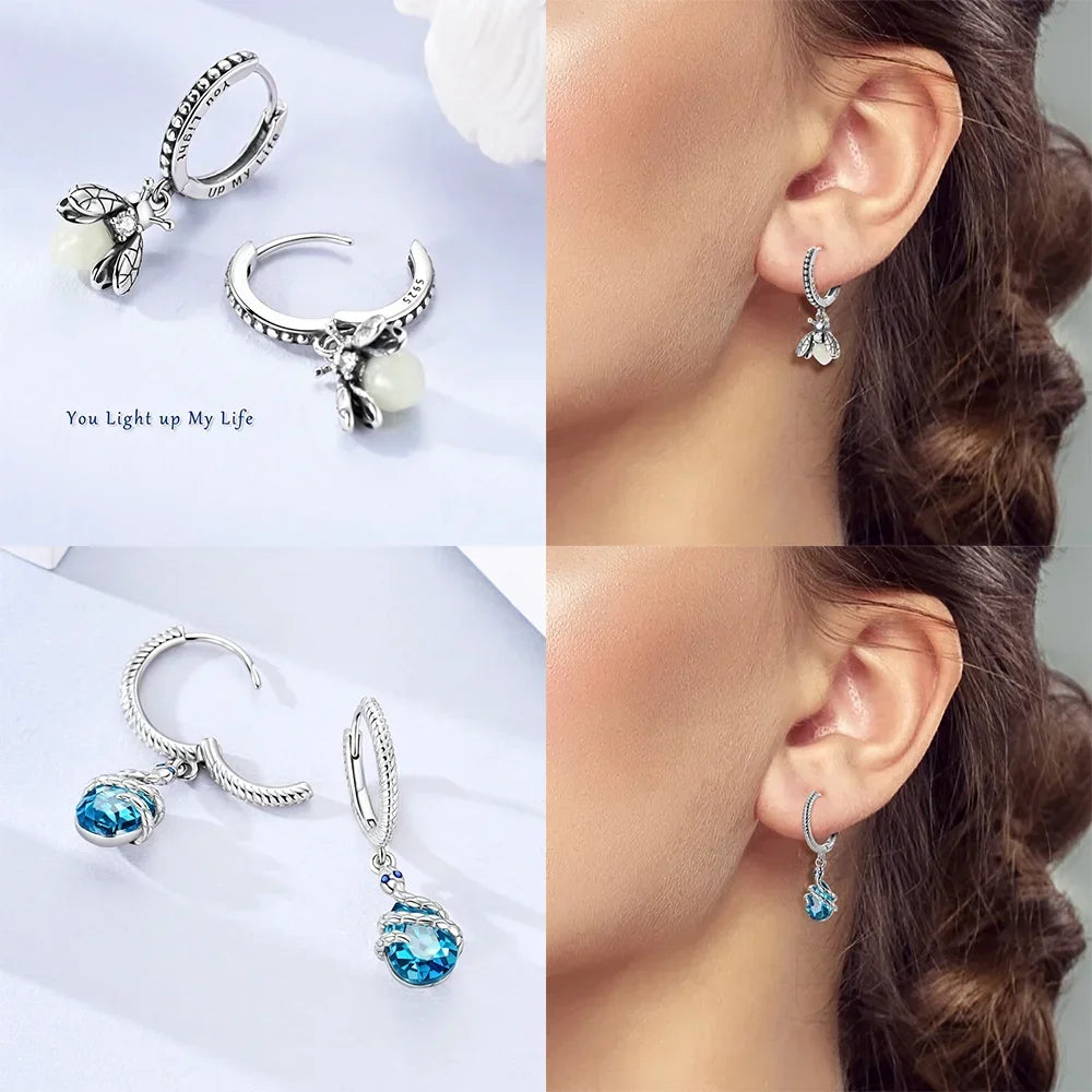 925 Sterling Silver Insect series butterflies luminous fireflies Hoop Earrings With Zircon for Wedding Party Women Jewelry Girls