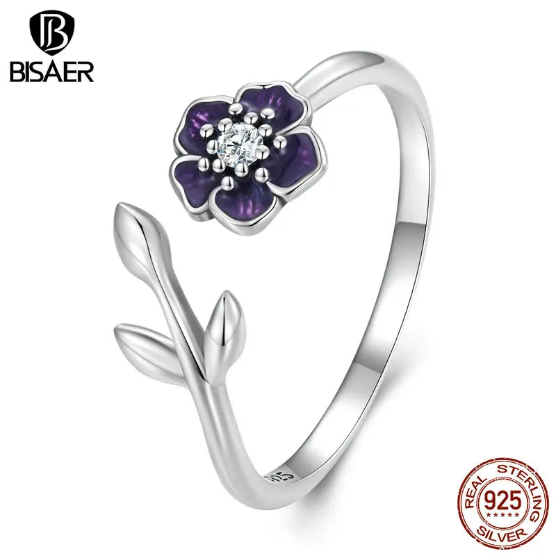 BISAER Real 925 Sterling Silver Purple Flower Adjustable Rings Size 6-9 Finger Ring for Elegant Women Party Fine Jewelry Gift