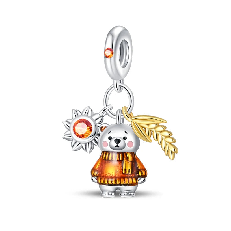 Fashion Autumn 925 Silver-Plated Squirrel Maple Leaf Pumpkin Yellow Charms Beads Fit 3mm 925 Original Bracelets DIY Jewelry