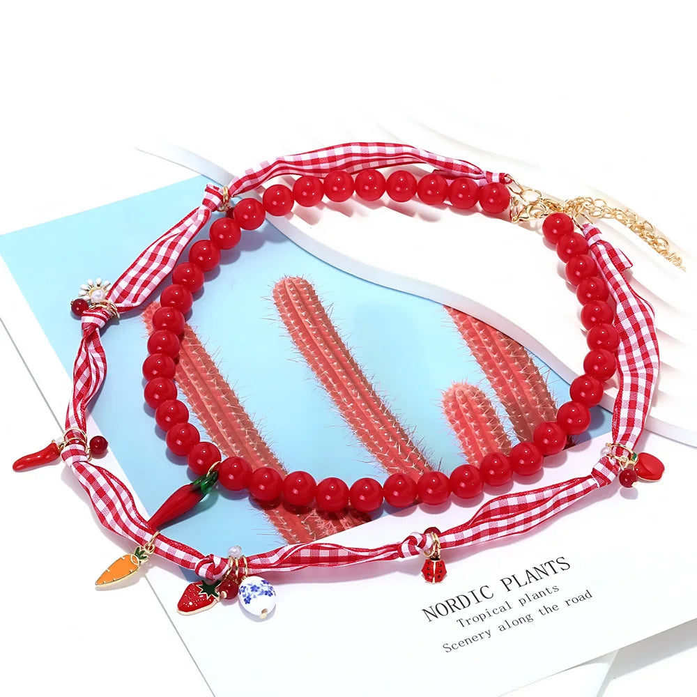 ZAA Sweet Handmade Multi-layer Beaded Strawberry Chili Choker Necklace