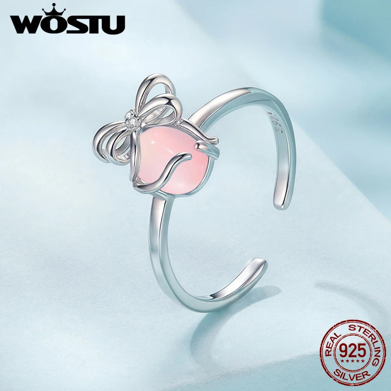 WOSTU 925 Sterling Silver Bow Open Ring White Gold Transparent Glass Original Sweet for Women Wife Anniversary Fine Jewelry Gift