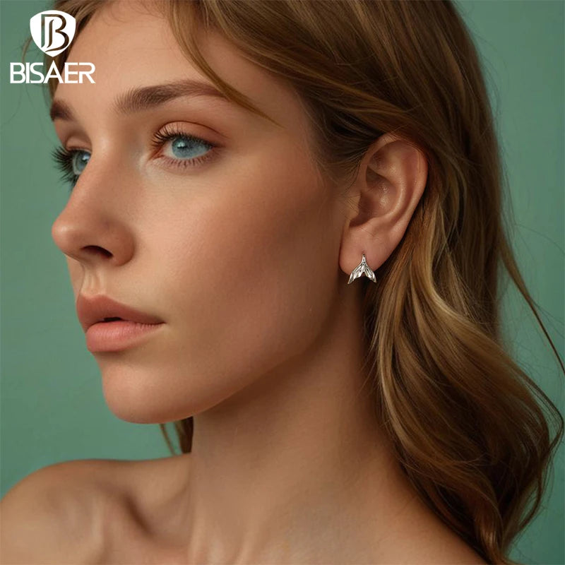 Boucles d'oreilles à tige en forme de queue de sirène en argent sterling 925 véritable BISAER avec zircon scintillant pour femme, bijoux fins, cadeaux de vacances