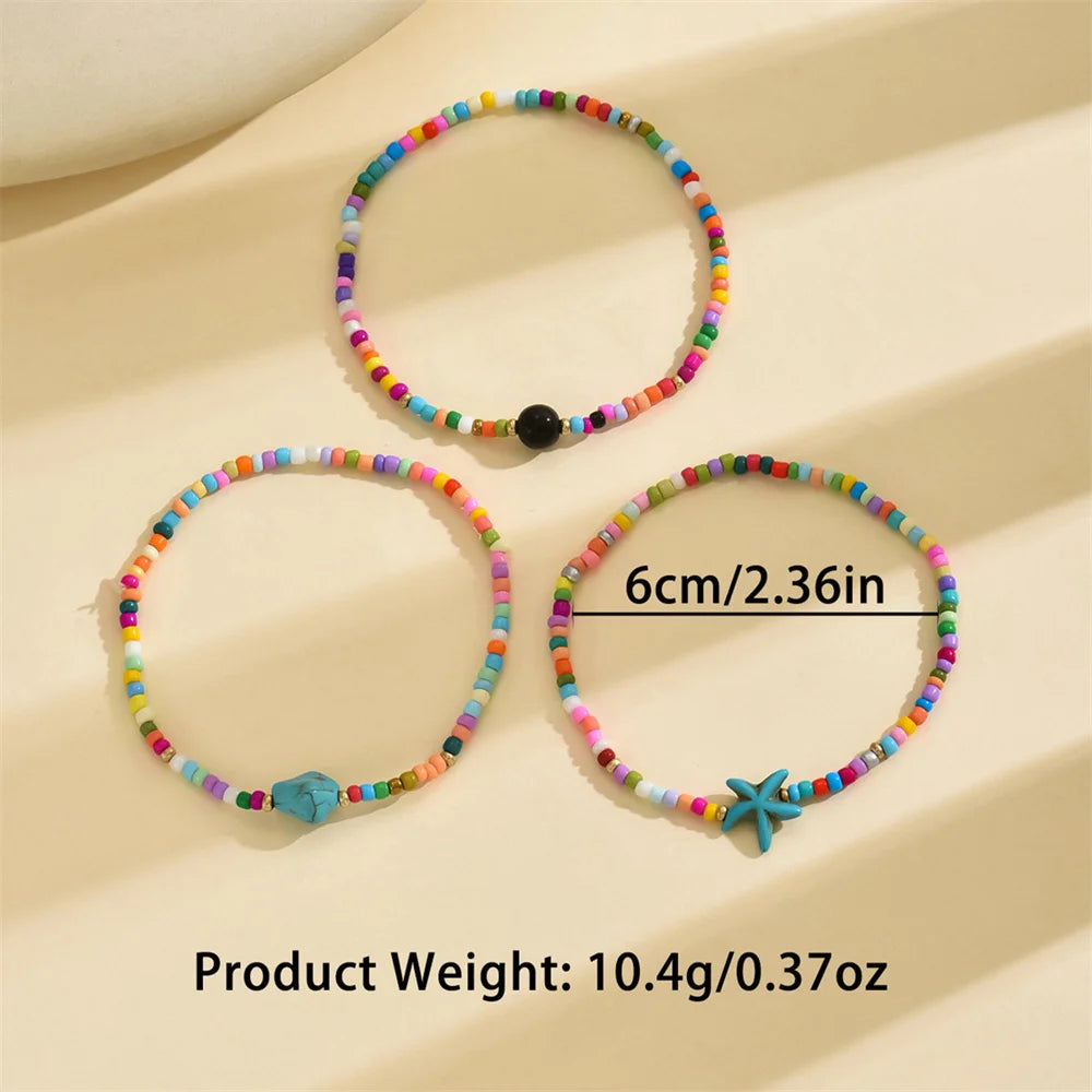 3pcs/set Irregular Turquoise Cute Sea Star Anklets For Women Rainbow Beads Starfish Foot Chains Beach Jewelry Summer Accessories - Madeinsea©