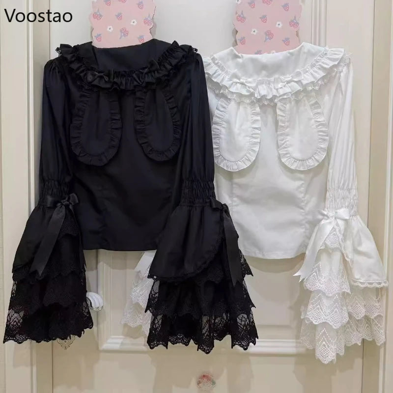 Japanese Sweet Lolita Style Blouses Women Cute Lace Peter Pan Collar Bow Flare Long Sleeve Gothic Shirts Female Kawaii Y2k Tops