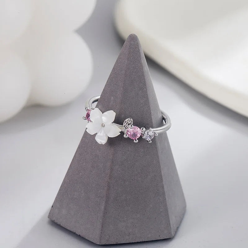 Pink Romantic Flower Rings For Women Shiny Zircon Cherry Blossom Branch Shell Finger Ring Wedding Christmas Aesthetic Jewelry