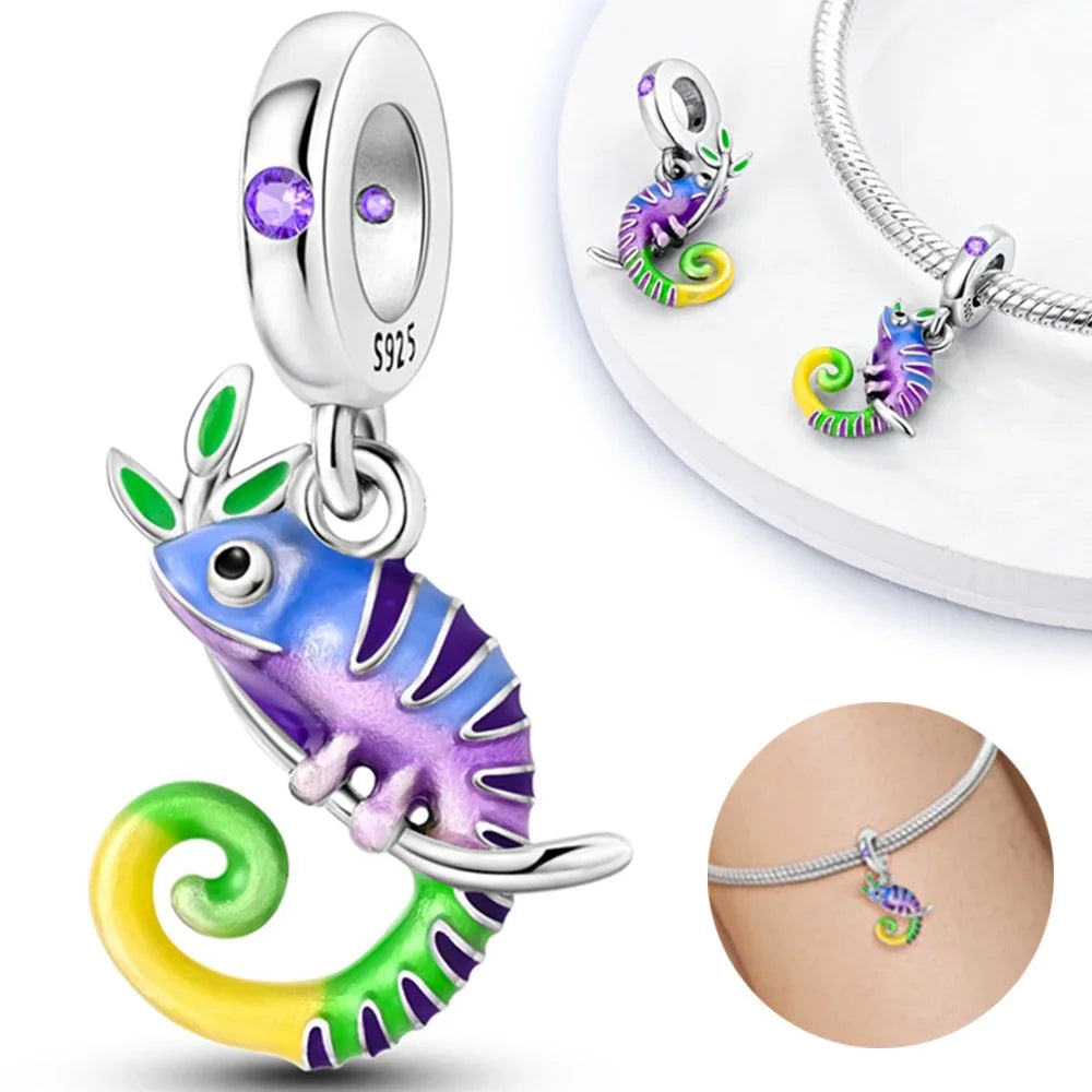 925 Sterling Silver Color Forest Chameleon Charm Pendant Beads Fit Charm Bracelet Original for Women DIY Jewelry Making