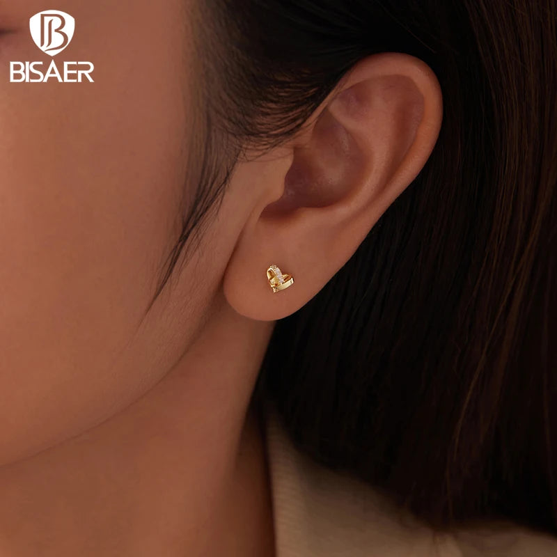BISAER Heart Gold 18K Stud Earring,925 Sterling Silver Hypoallergenic Dainty Lightweight Studs Ear For Woman Party Fine Jewelry