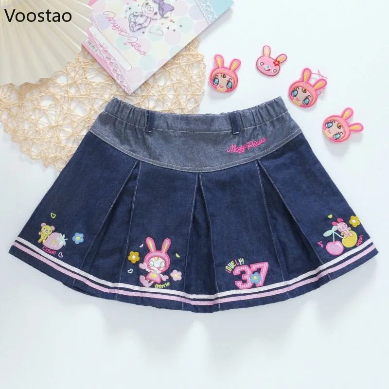 Kawaii-Jeansrock im japanischen Lolita-Stil für Damen mit süßer Cartoon-Hasenstickerei, kurze Röcke im koreanischen Y2K-Stil.