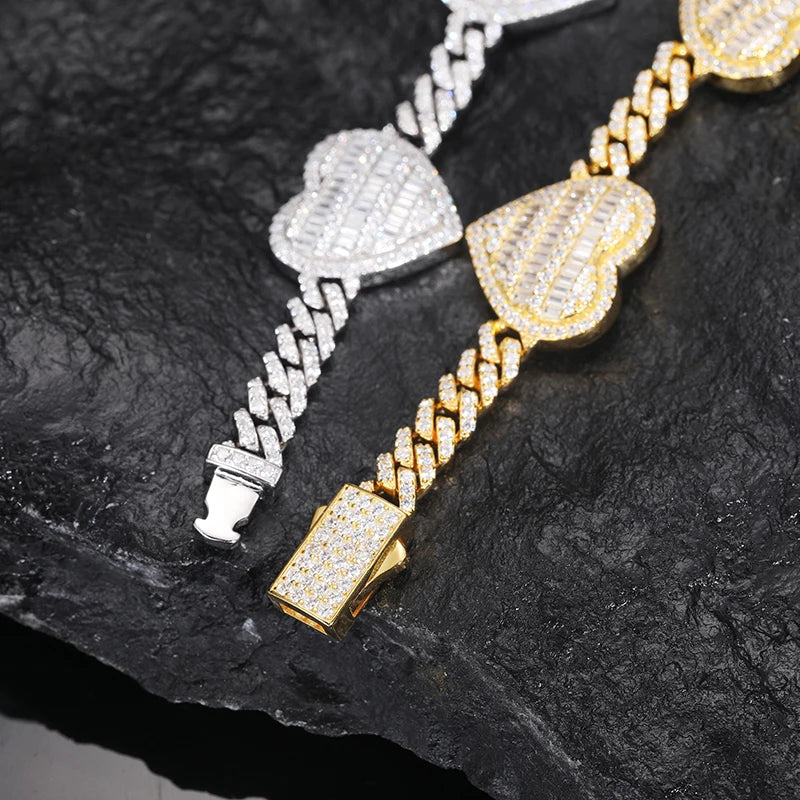 Bracelet de luxe TUHE Full Heart, en argent 925, fine chaîne cubaine de 6 mm, pour homme, style hip-hop.