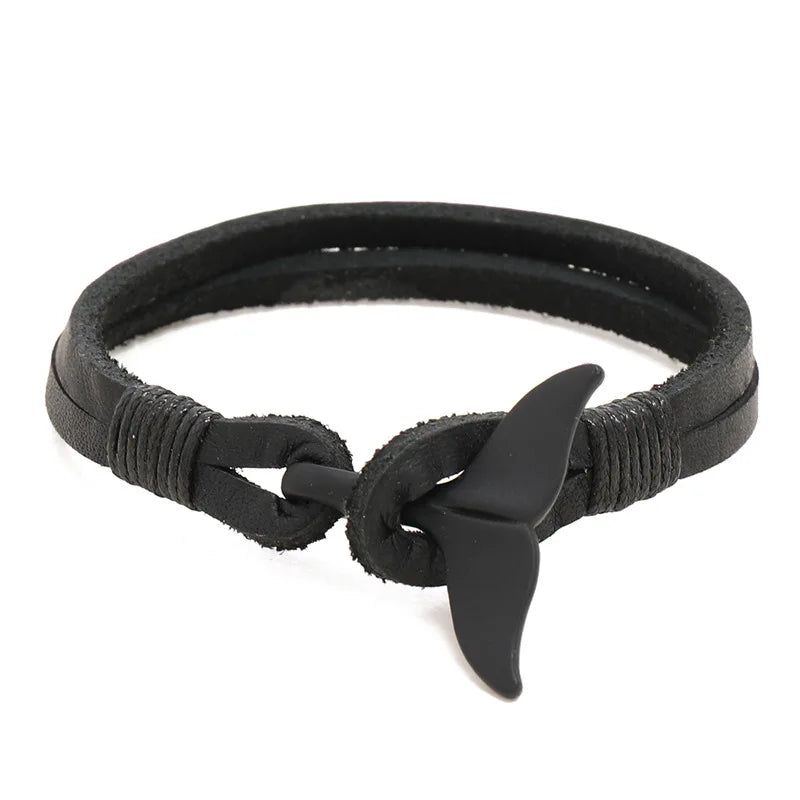 MKENDN Vintage Black Whale Tail Genuine Leahter Bracelet Men Women Fashion Beach Jewelry Summer Punk Style