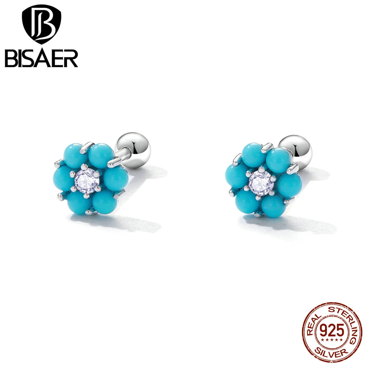 Boucles d'oreilles à tige en argent sterling 925 BISAER à fleurs multiples Boucles d'oreilles en fleurs de cerisier pour femme Plaqué platine Bijoux fins Cadeau