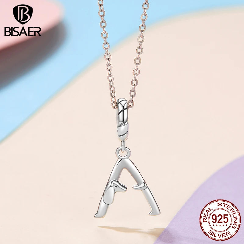 BISAER 100% 925 Sterling Silver Letter Charm Bead Cute Dachshund Dog Pendant For Women DIY Bracelet & Necklace Fine Jewelry Gift