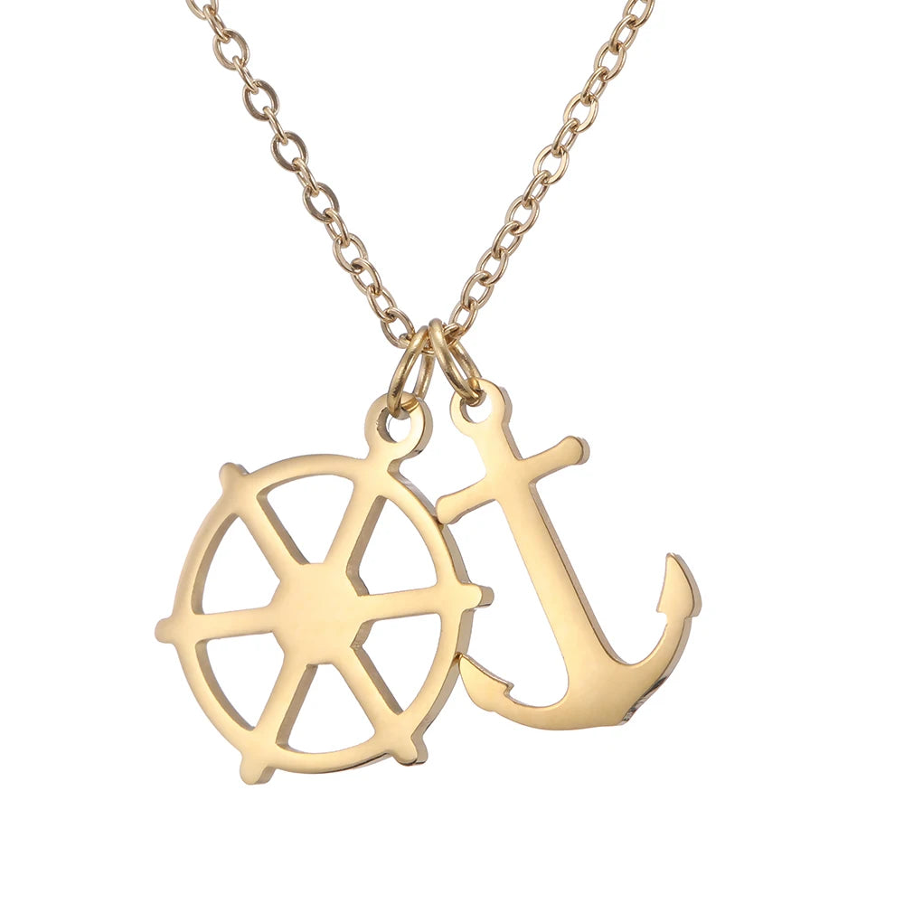 Dreamtimes Rudder And Anchor Double Pendants Necklace For Men Women High Quality Stainless Steel Chain Retro Pirate Jewelry 2023