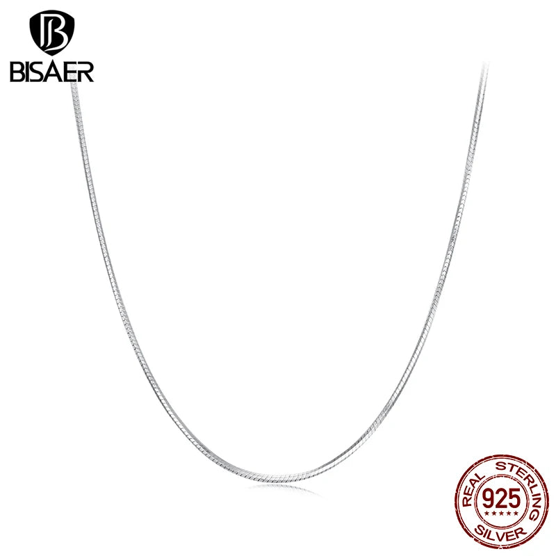 BISAER 100% 925 Sterling Silver Snake Basic Necklace Stacking Chain Plated White Gold for Women Party Fine Jewelry ECA032