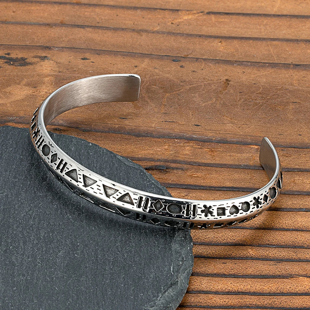 MKENDN Vintage Geometric Pattern Silver Color Open Cuff Bracelet for Men Adjustable Bangle Jewelry Wrist Personality Gift