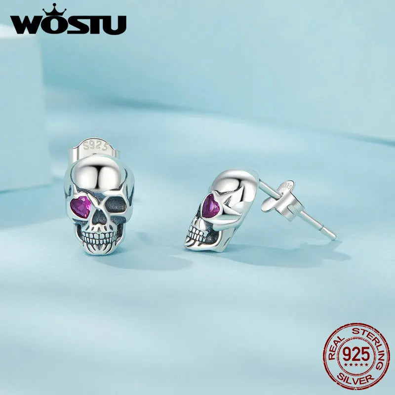 WOSTU Real 925 Sterling Silver Vintage Skull Stud Earrings For Women Rose red Heart Zircon Studs Earring Punk Jewelry Party Gift