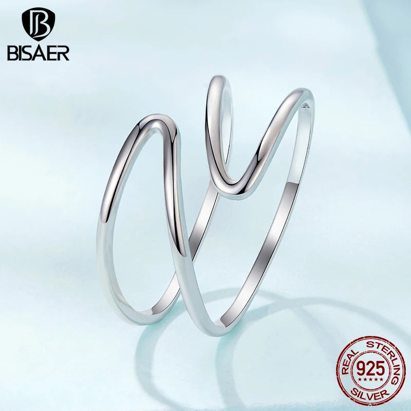 BISAER 925 Sterling Silver Double Cross Open Ring Minimalist Stackable Eternity Band for Women Party Fine Jewelry ECR1159-E