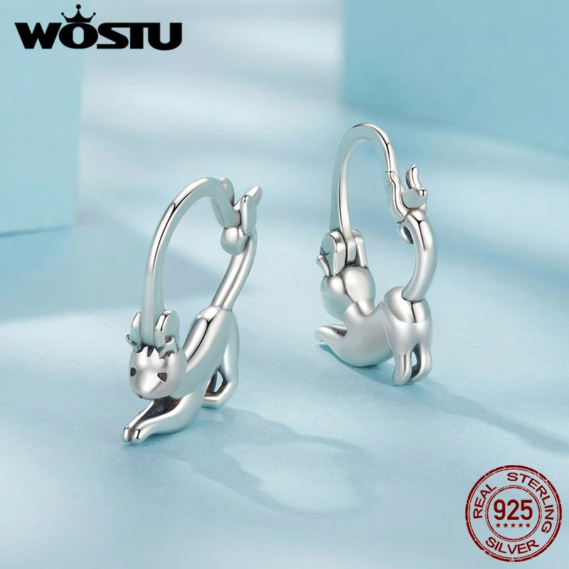 WOSTU Pet Cat Earrings Solid 925 Sterling Silver Lovely Cats Huggie Hoop Earrings Fine Jewelry gift For Family Daughter Girl