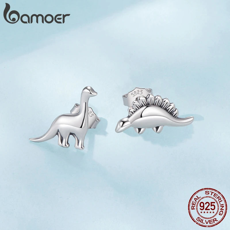 BAMOER 925 Sterling Silver Mismatched Dinosaur Stud Earrings, Minimalist Cartilage Tragus Piercing Jewelry Gifts for Women