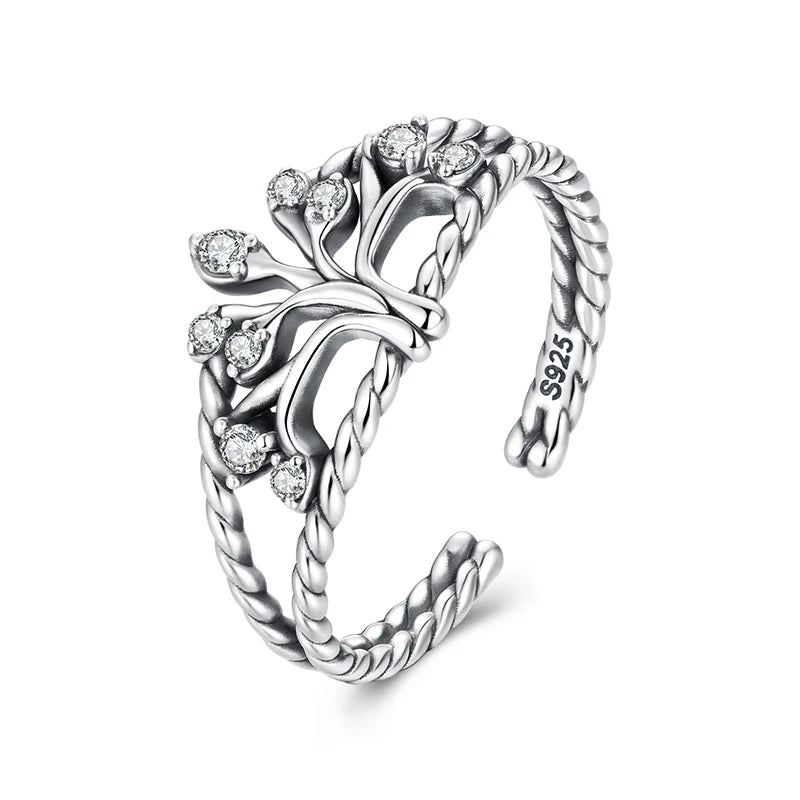 WOSTU Tree of Life Ring 925 Sterling Silver Open Adjustable Ring,  Women AAA cubic zirconia Vintage Twist Rope Rings Family Gift