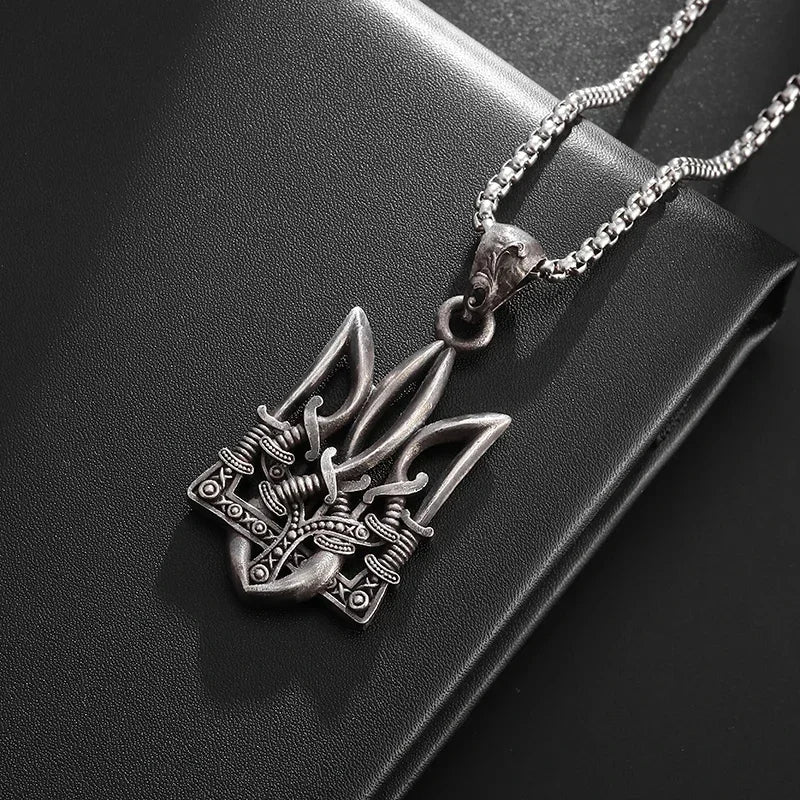 Retro Neptune Poseidon Trident Necklace Ukraine National Emblem Pendant Men\\\\\\'s Fashion Cool Trendy Jewelry Accessories