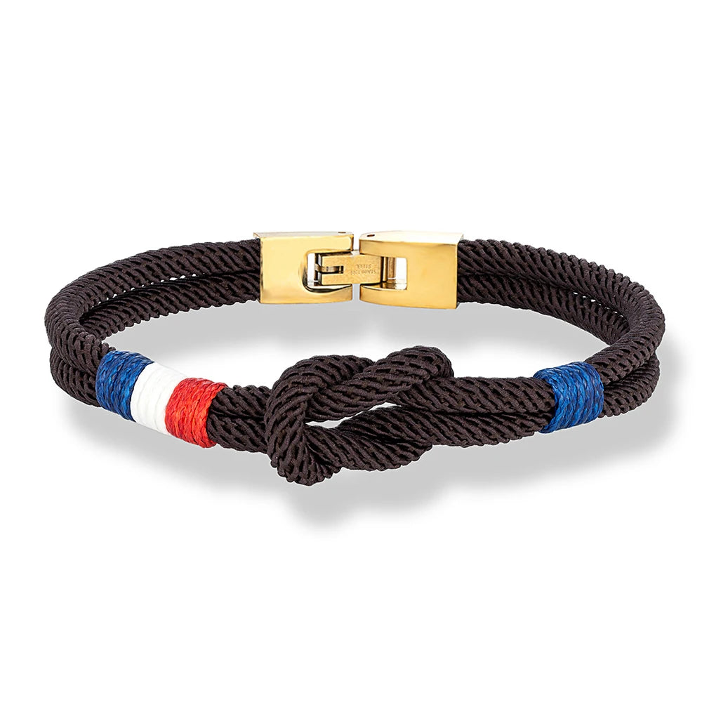 MKENDN Gold Plated Stainless Steel Square Knot Rope Bracelet Men Women Handmade Woven Double-Layer Design France USA Flag Gifts