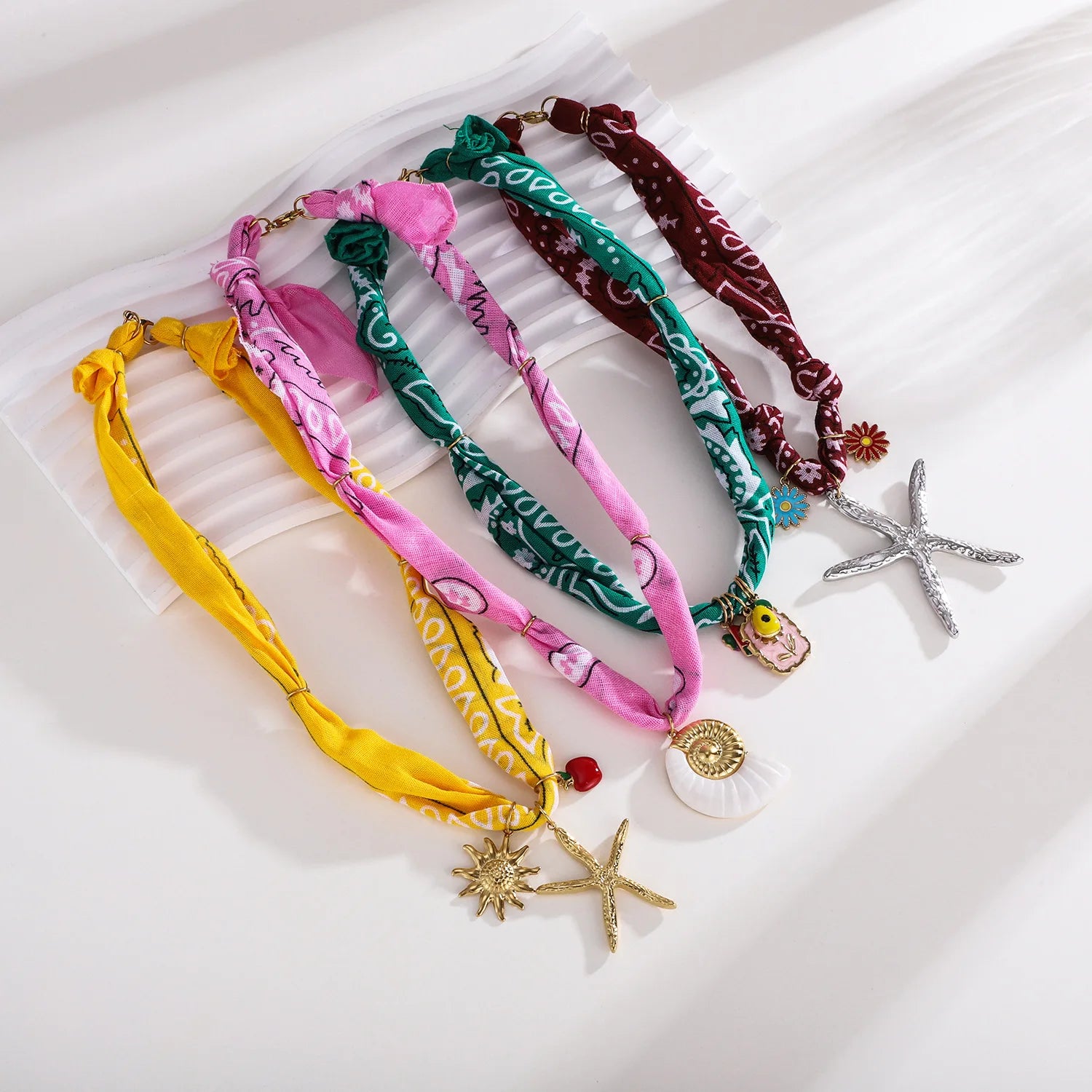 ins popular recommended handmade fabric silk necklace Ocean Style Scarf Necklace Stainless Steel Conch Starfish Pendant Necklace