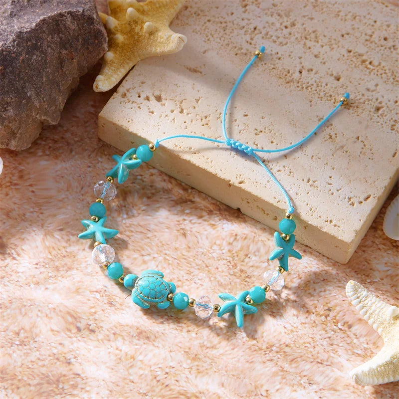 Bohemian Starfish Conch Shell Beads Bracelet For Women Girls Summer Beach Party Rice Bead Adjustable Bangle Friendship Jewelry